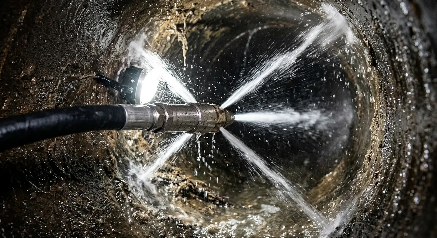 High-pressure hydro jetting nozzle cleaning sewer pipe for Trenchless Sewer Repair in Irondale