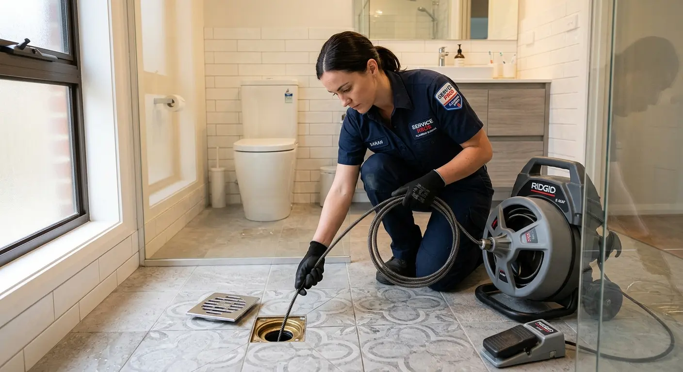 Technician clearing a bathroom floor drain for Drain Cleaning in Irondale